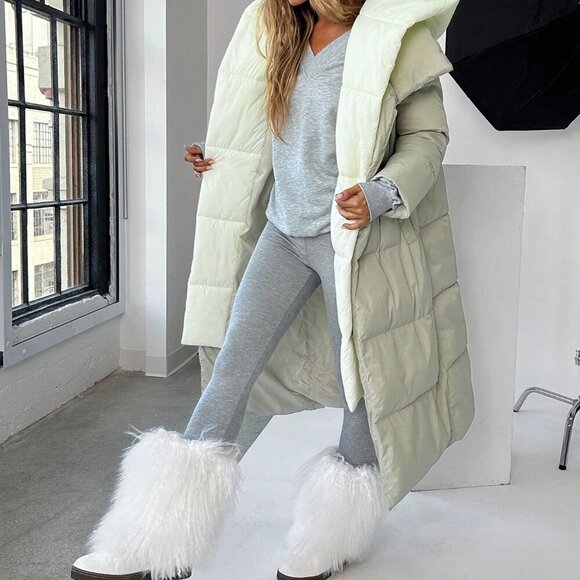 Multicolor Casual Women's Color Block Hooded Long Coat - Picture 4 of 6